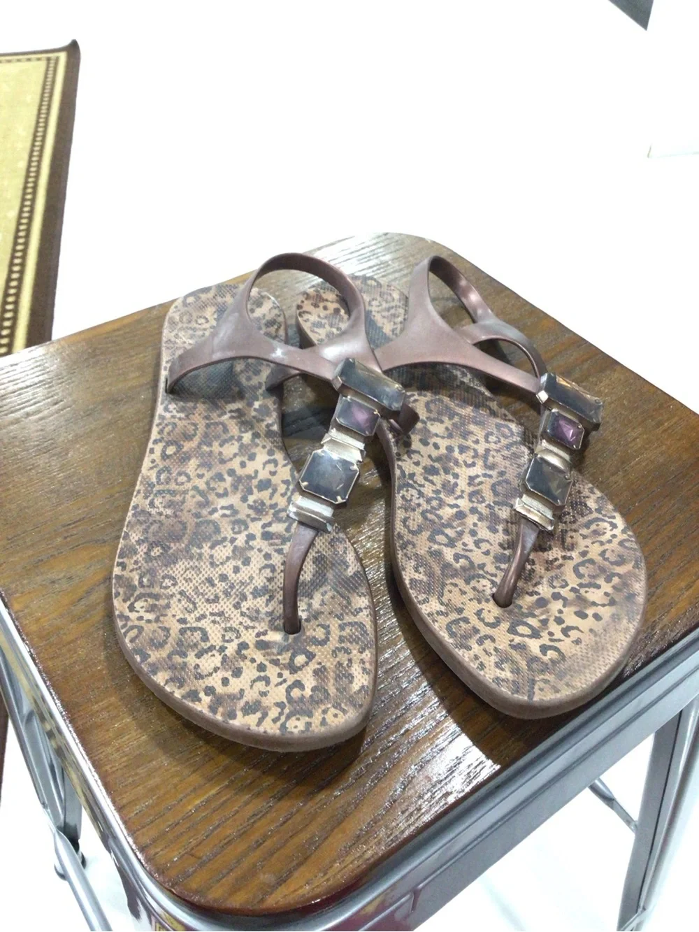 Women's Brown T-Strap Sandals with Leopard Footbed